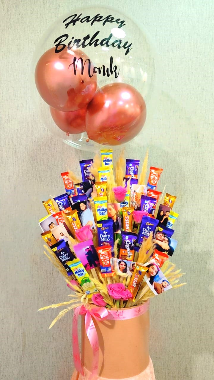 Chocolate Balloon Flowers Bouquet with Personalized Photo  + Cake + Guitarist Performance
