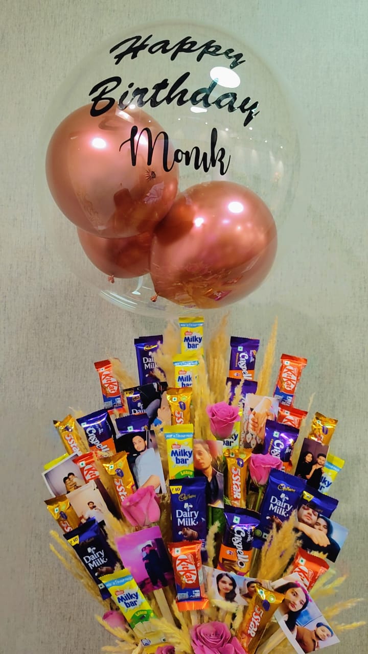 Chocolate Balloon Flowers Bouquet with Personalized Photo  + Cake + Guitarist Performance