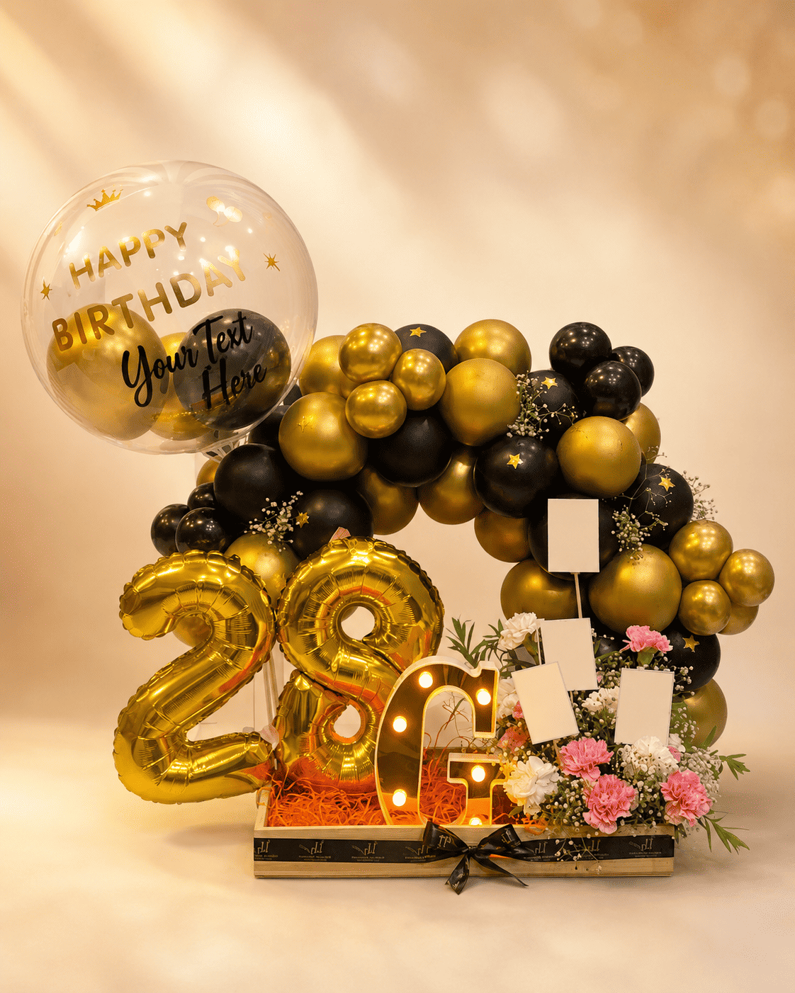 Birthday balloon arrangement with personalised message balloon