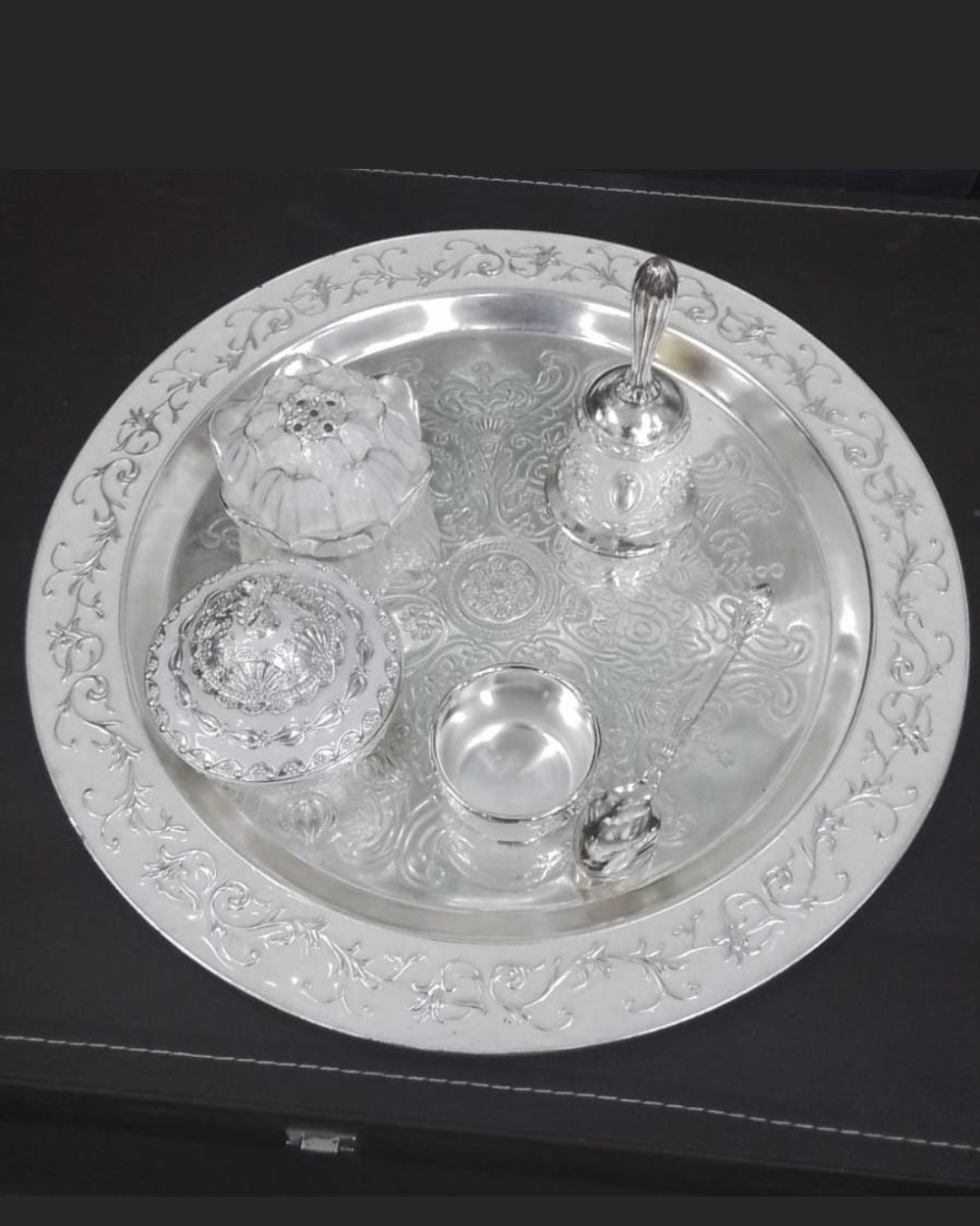 Premium Silver Plated Pooja Thali Set with Leather Box Packaging - The Luxury Florets