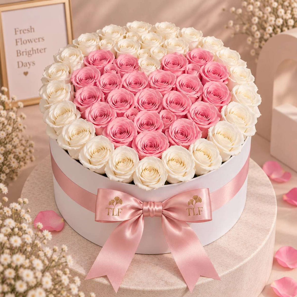 Round rose box with heart shaped rose design