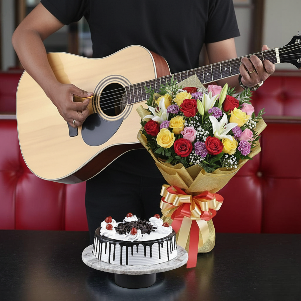 Birthday Combo Gifts- Beautiful Bouquet, Cake and Guitarist Performance