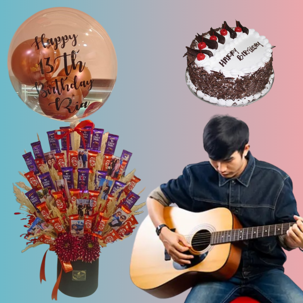 Chocolate Balloon Flowers Bouquet with Personalized Photo  + Cake + Guitarist Performance