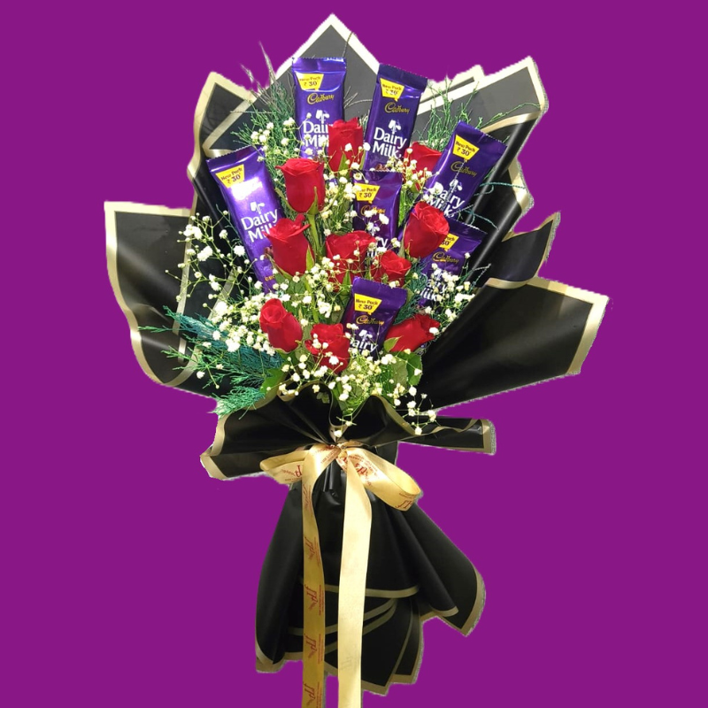 Red Rose Chocolate Bouquet + Free Gold Plated American Diamond Alphabetic Bracelet- Combo The Luxury Florets