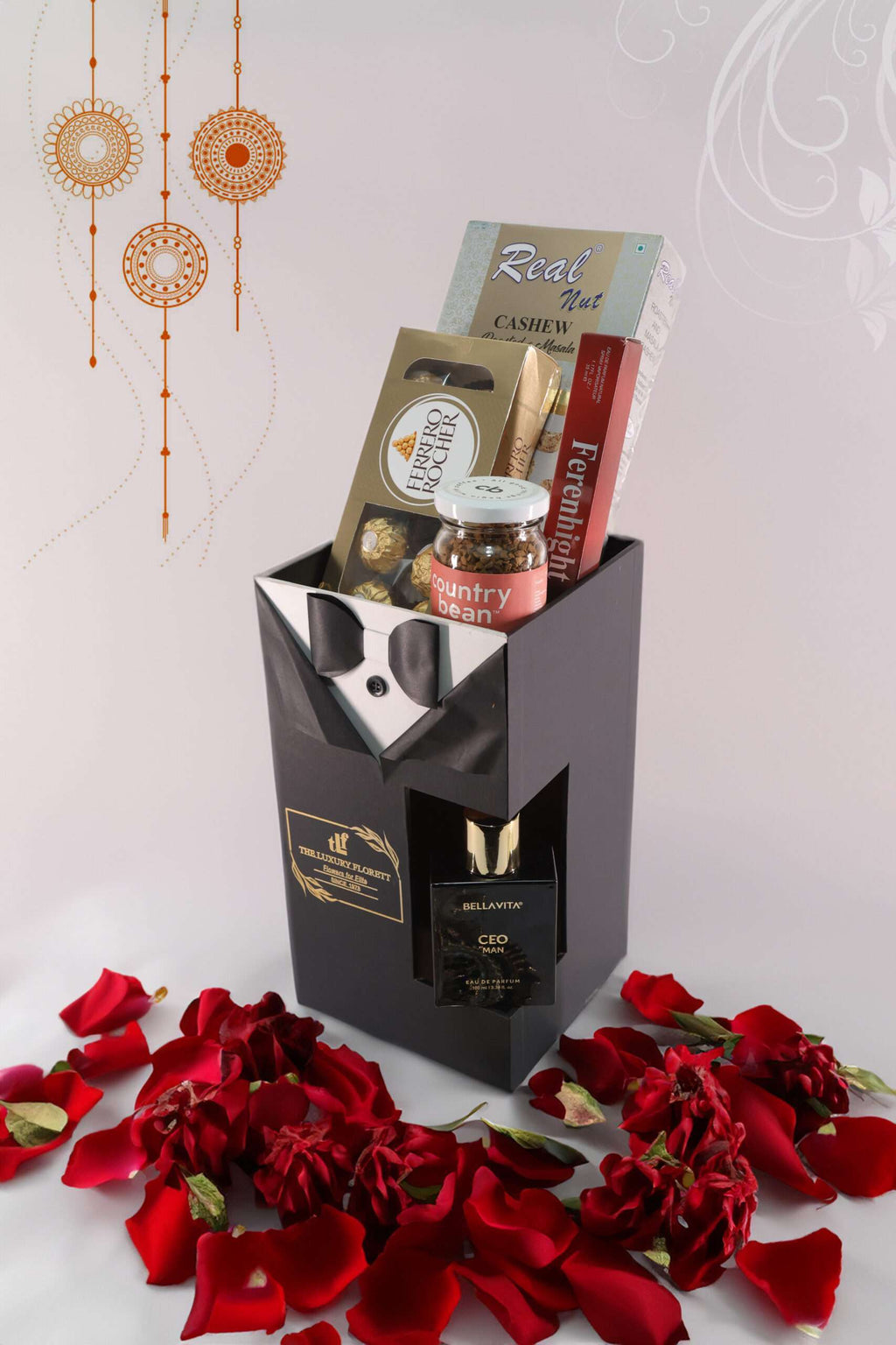 Tuxedo box Bhai Dooj hamper for brothers The Luxury Floret
