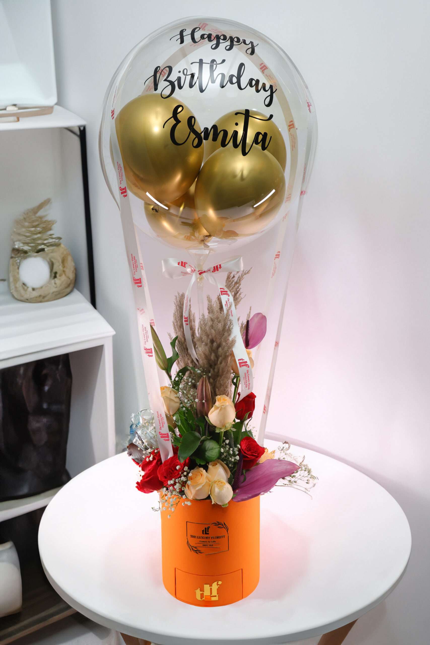 Customised(Text) balloon Flower Box arrangement The Luxury Floret