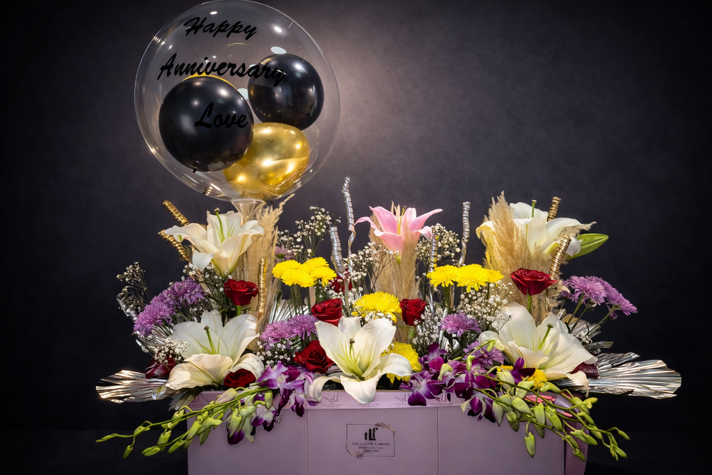 Luxury Birthday Floral Arrangement with Personalized Bubble Balloon