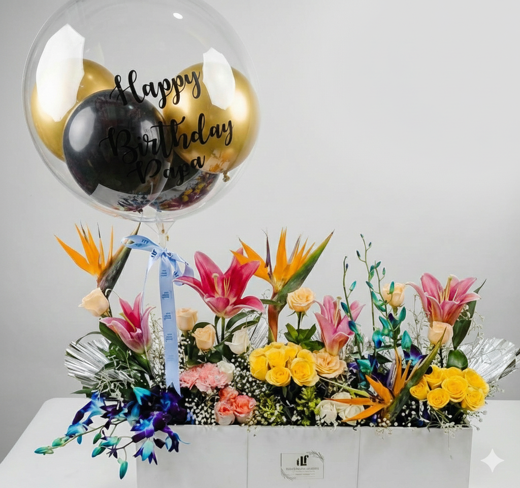 Luxury Birthday Floral Arrangement with Personalized Bubble Balloon