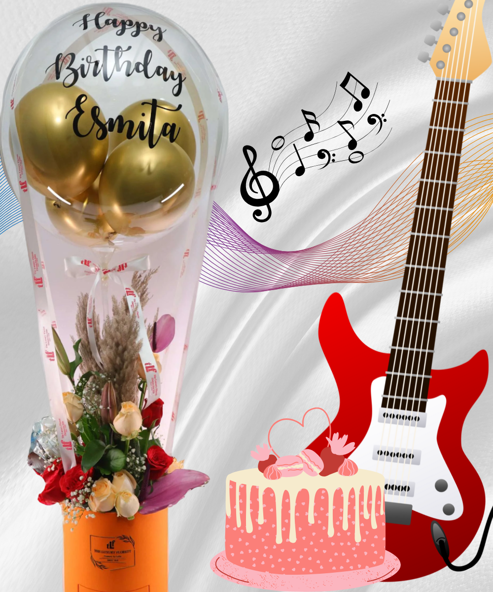 Customized (Text) Balloon Flower Box arrangement + Cake + Guitarist Performance 20min Combo - The Luxury Florets