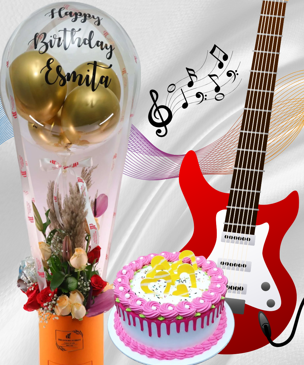 Customized (Text) Balloon Flower Box arrangement + Cake + Guitarist Performance 20min Combo - The Luxury Florets