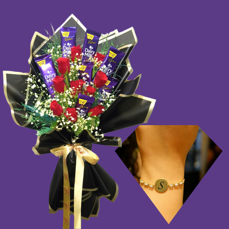 Red Rose Chocolate Bouquet + Free Gold Plated American Diamond Alphabetic Bracelet- Combo The Luxury Florets