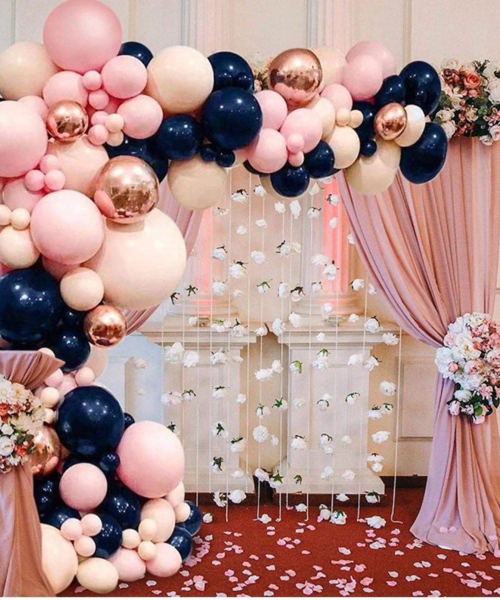 Elegant Birthday Balloon Decoration at Home – Navy Blue, Rose Gold & Pink Theme