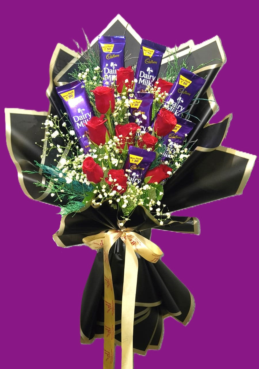 Red Rose Chocolate Bouquet + Free Gold Plated American Diamond Alphabetic Bracelet- Combo The Luxury Florets