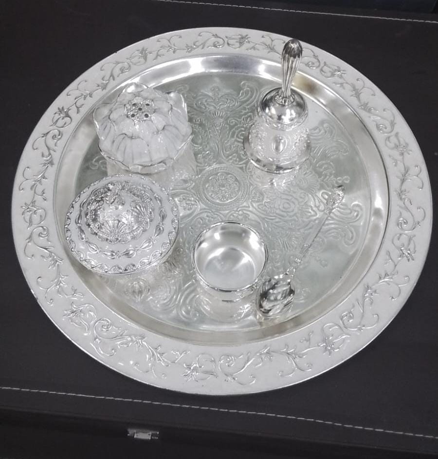 Premium Silver Plated Pooja Thali Set with Leather Box Packaging - The Luxury Florets