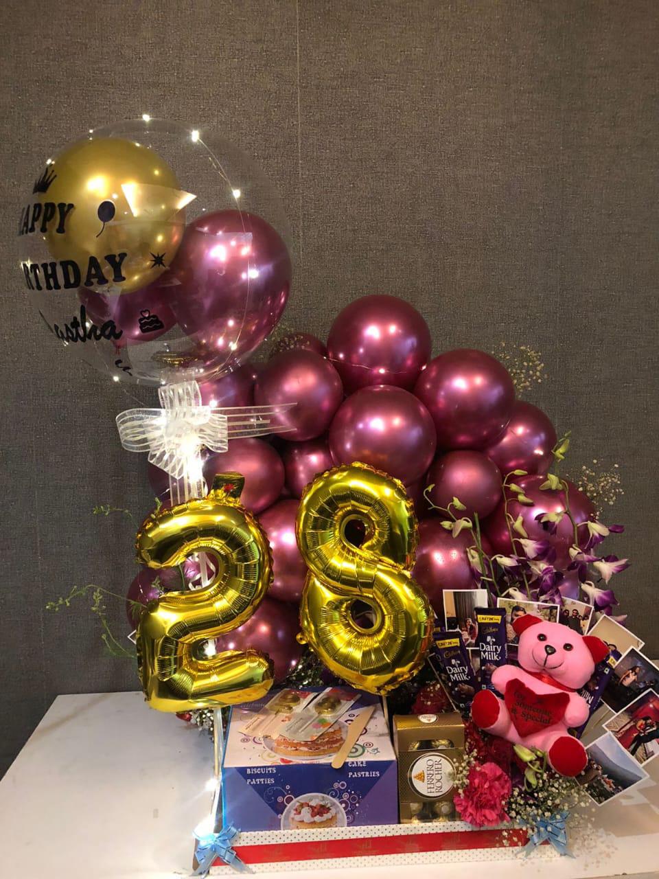 Luxury Birthday Flower Balloon Arrangement with Cake & Live Guitarist