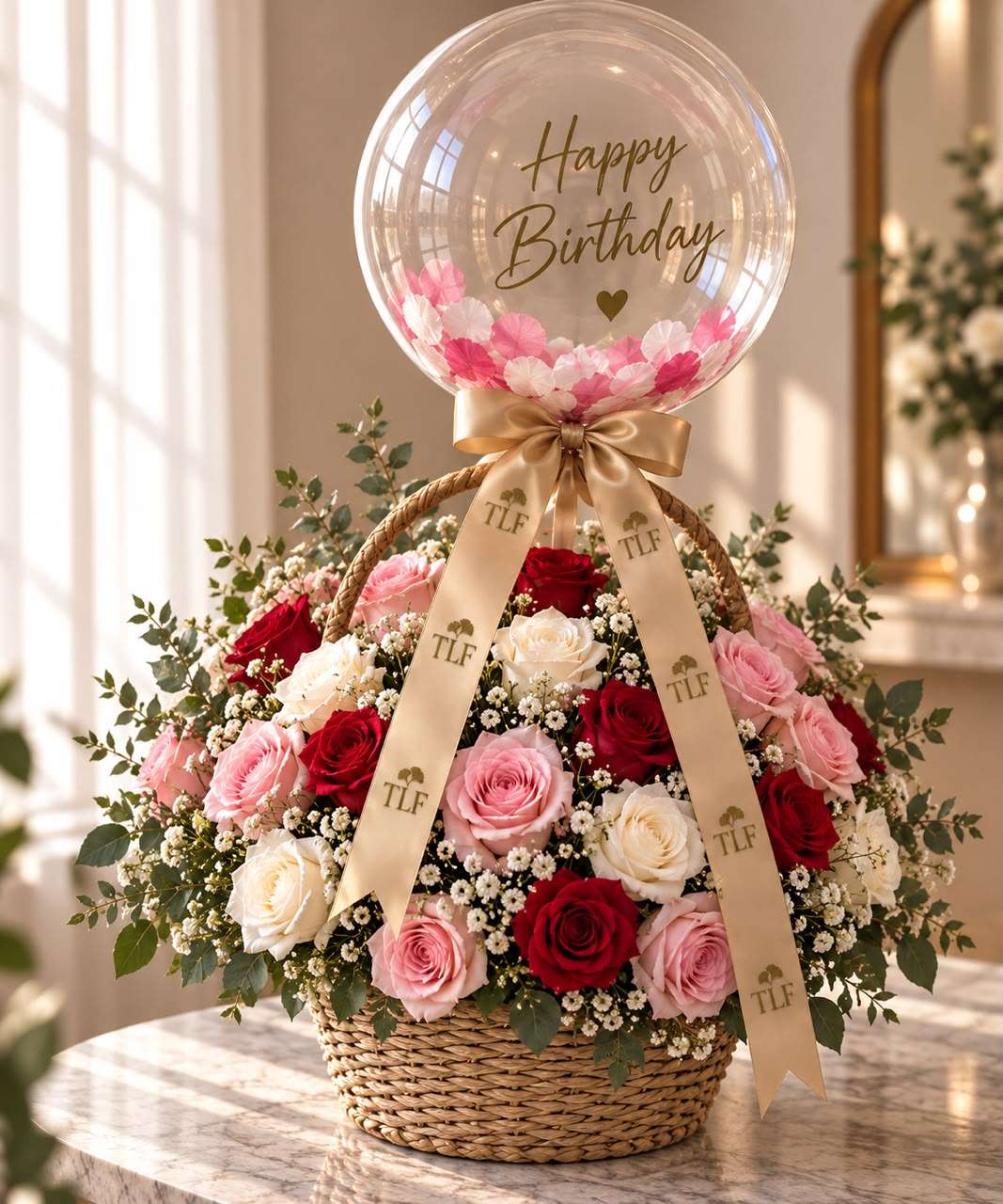 Fresh rose basket gift with custom message balloon