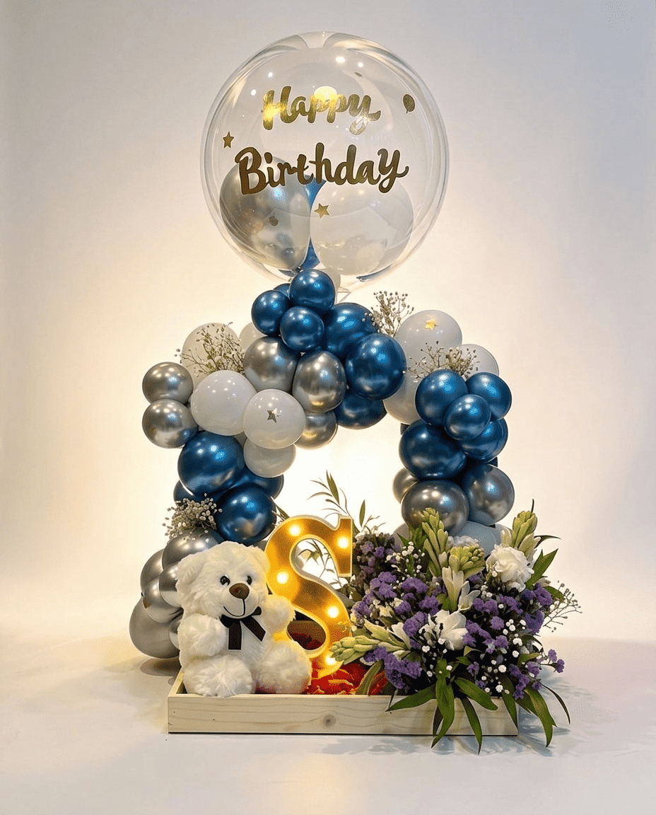 Midnight elegance balloon and flower arrangement close-up